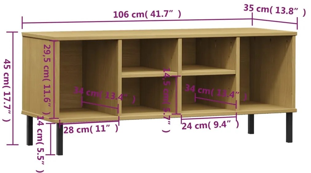 vidaXL Παπουτσοθήκη OSLO Καφέ 106x35x45 εκ. Μασίφ Ξύλο με Μεταλ. Πόδια