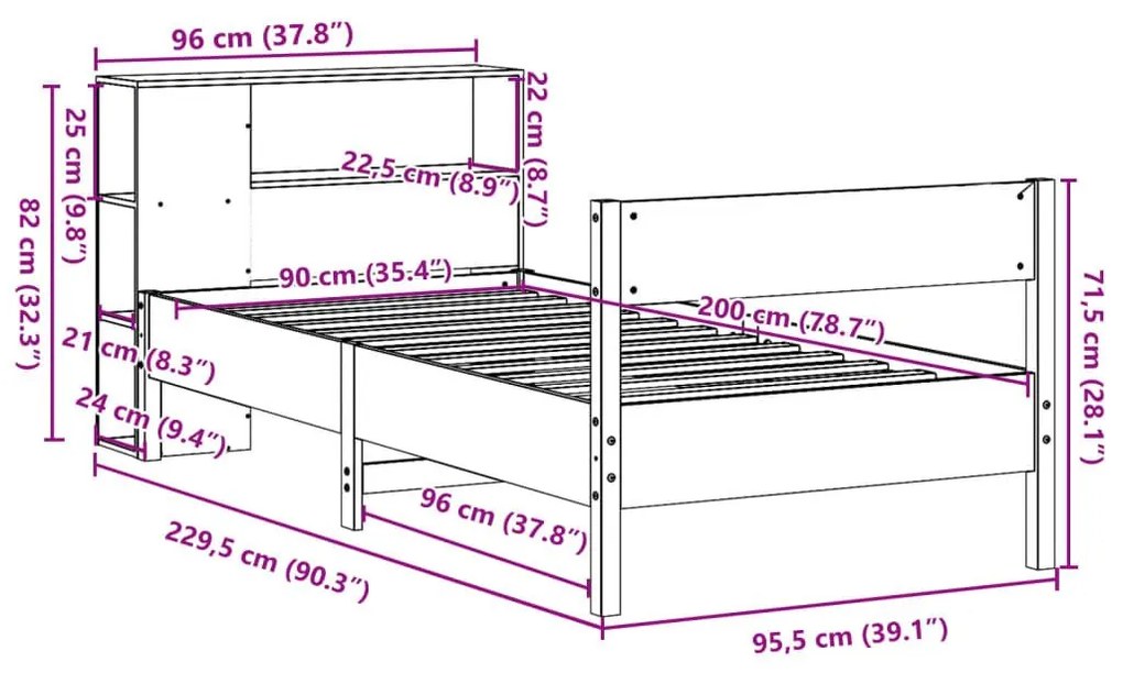 Κρεβάτι Βιβλιοθήκη Χωρίς Στρώμα 90x200 εκ. Μασίφ Ξύλο Πεύκου - Καφέ