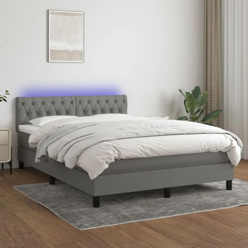 Κρεβάτι Boxspring με Στρώμα & LED Σκ.Γκρι 140x200 εκ Υφασμάτινο