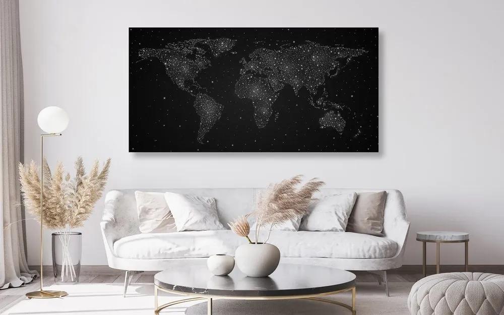 Εικόνα στον παγκόσμιο χάρτη από φελλό με νυχτερινό ουρανό σε ασπρόμαυρο σχέδιο - 120x60  arrow