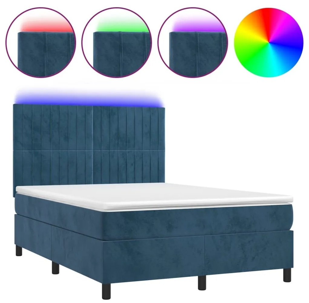 Κρεβάτι Boxspring με Στρώμα &amp; LED Σκ. Μπλε 140x190εκ. Βελούδινο - Μπλε