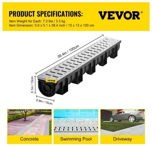 VEVOR Drainage Trench Driveway Channel Drain Kit Metal Grate-5.8
