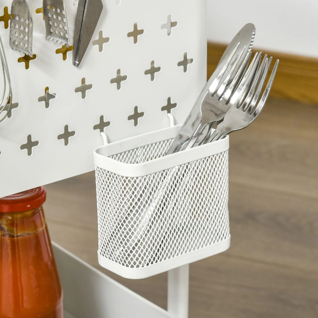 HOMCOM Κουζινικό τρόλεϊ με πίνακα διάτρησης, κρεμάστρες πετσετών και καλάθια αποθήκευσης, 51,5 cm x 32 cm x 75,6 cm, Λευκό