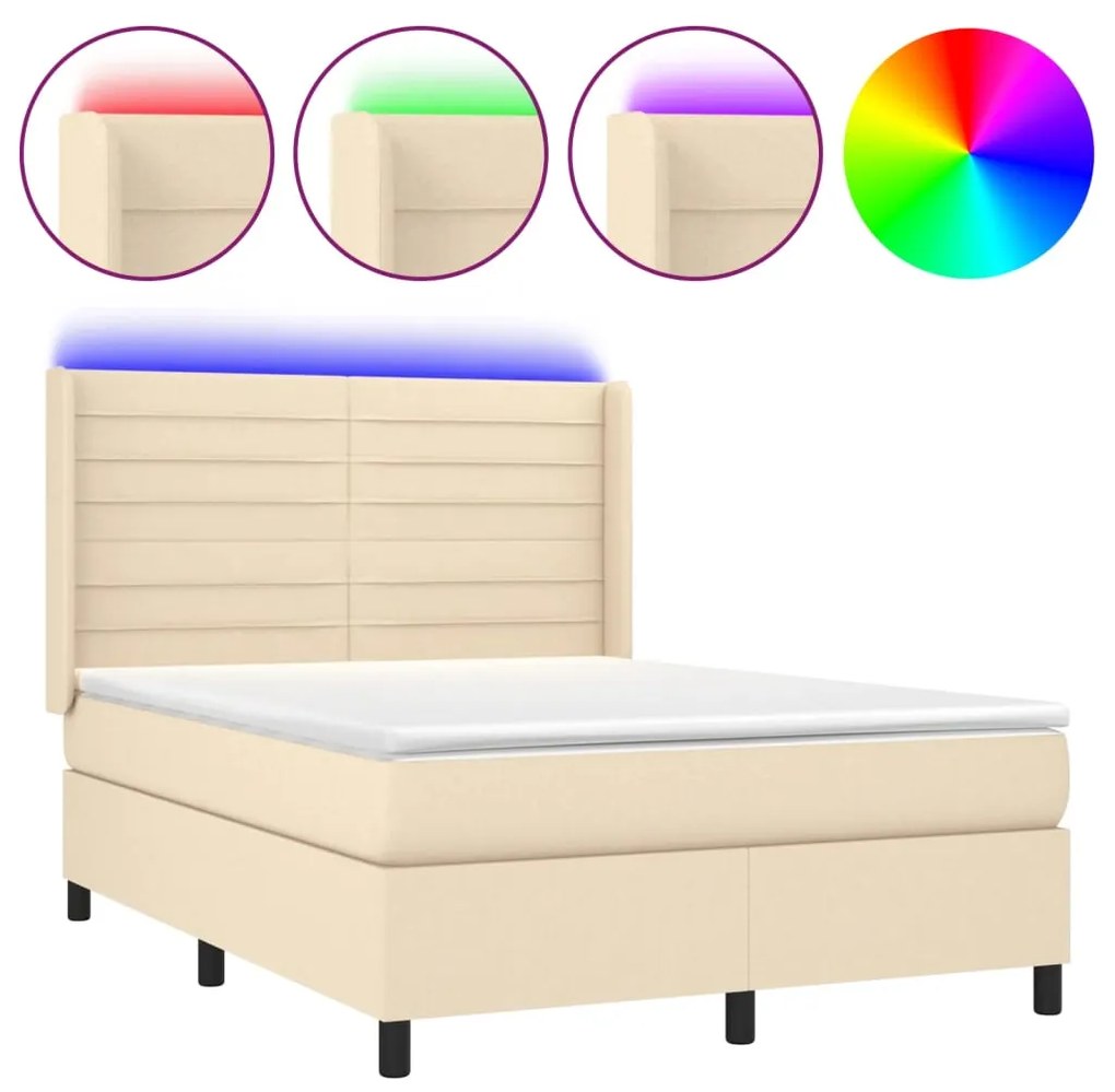 Κρεβάτι Boxspring με Στρώμα &amp; LED Κρεμ 140x200 εκ. Υφασμάτινο - Κρεμ