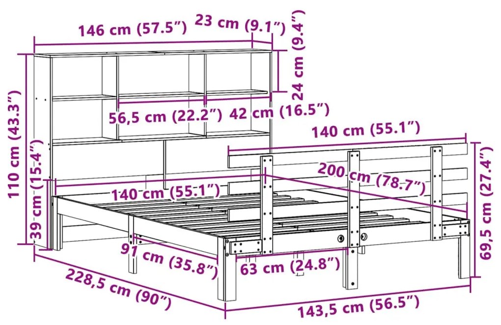 Κρεβάτι Βιβλιοθήκη Χωρίς Στρώμα 140x200 εκ Μασίφ Ξύλο Πεύκου - Καφέ