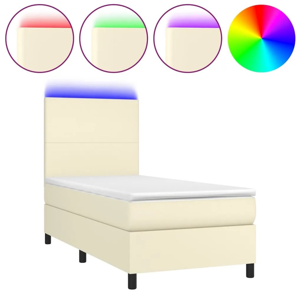 vidaXL Κρεβάτι Boxspring με Στρώμα & LED Κρεμ 90x200 εκ. Συνθ. Δέρμα