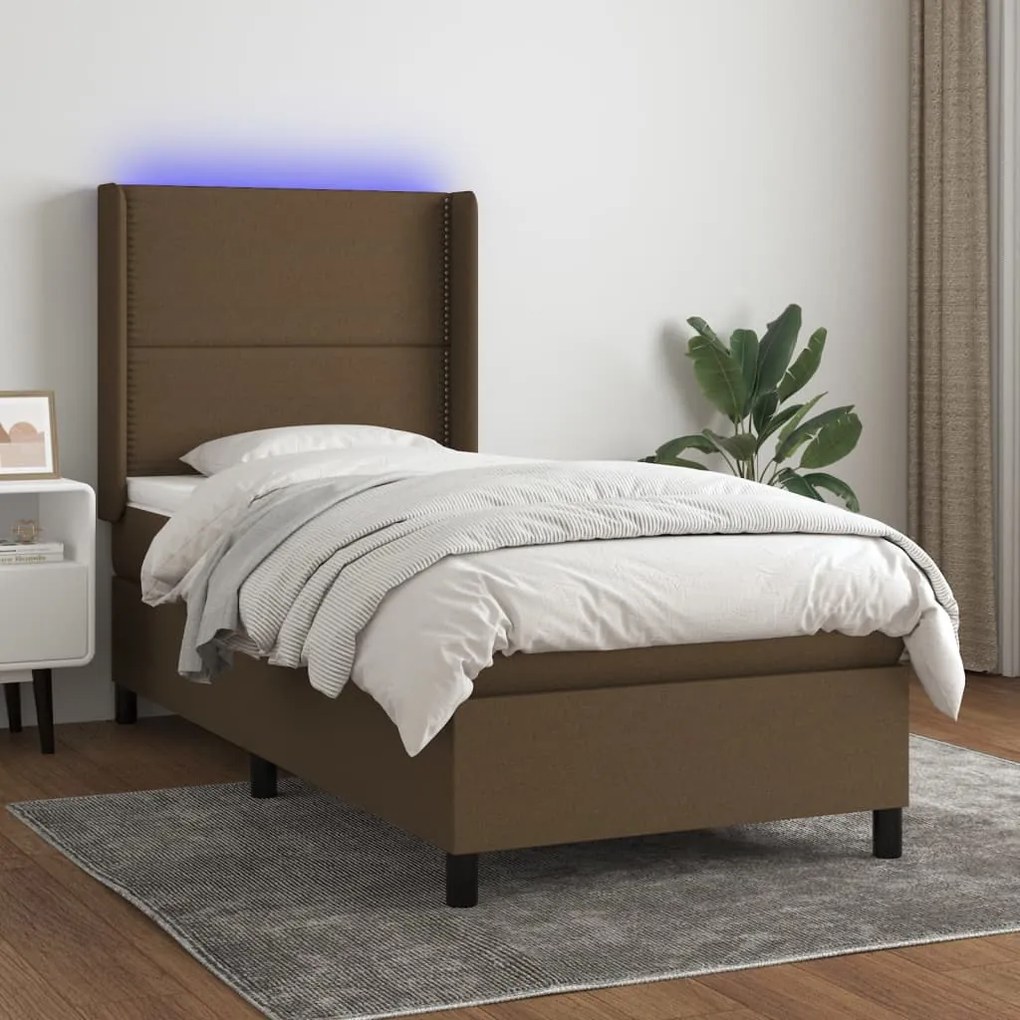 vidaXL Κρεβάτι Boxspring με Στρώμα & LED Σκ.Καφέ 100x200 εκ Υφασμάτινο