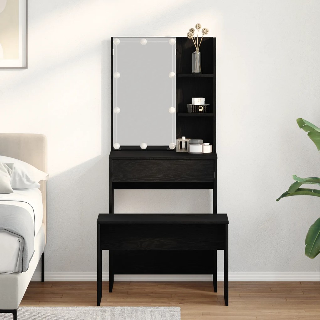 vidaXL Σετ Τραπέζι Μακιγιάζ με LED Μαύρη Δρυ Επεξεργασμένο Ξύλο