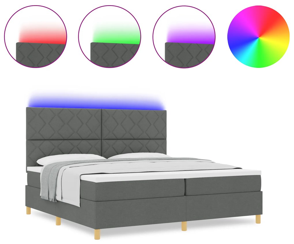 vidaXL Κρεβάτι με Ελατήριο και Στρώμα & LED Σκούρο Γκρι 200x200 εκ Ύφασμα