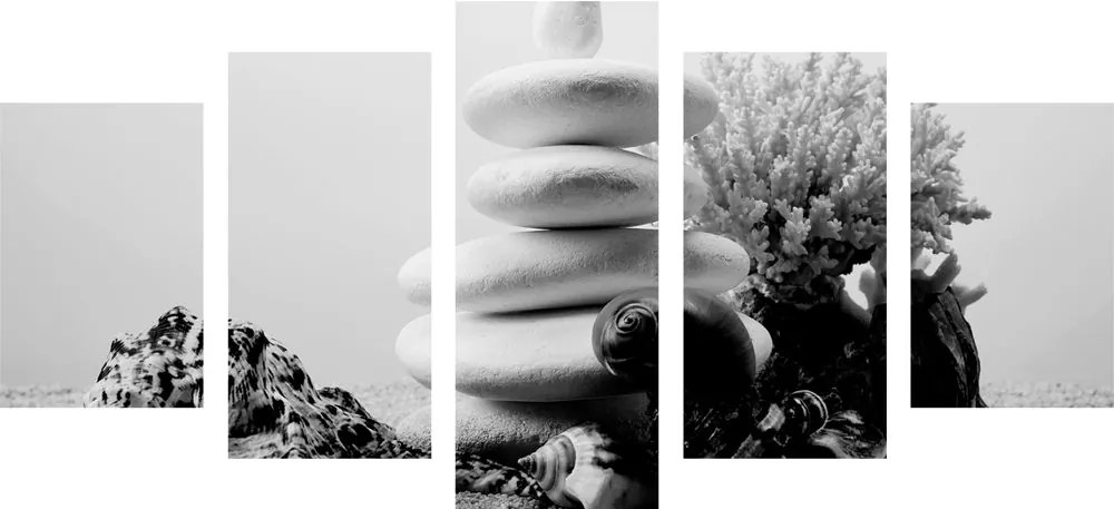 Εικόνα 5 μερών Πέτρες Ζεν με κοχύλια σε μαύρο & άσπρο