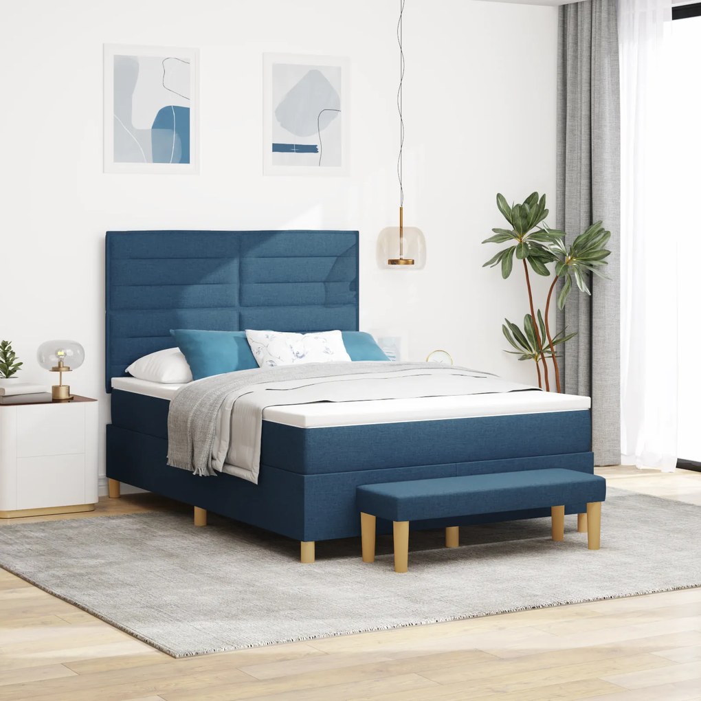vidaXL Κρεβάτι Box Spring με Στρώμα & Πάγκο Μπλε 140x200 cm Υφασμάτινο