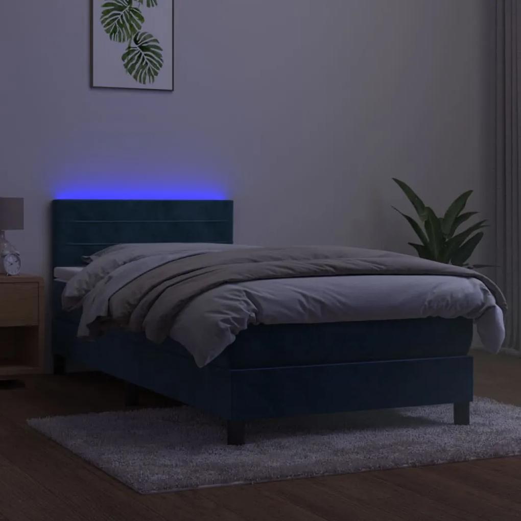 vidaXL Κρεβάτι Boxspring με Στρώμα & LED Σκ. Μπλε 90x200 εκ. Βελούδινο