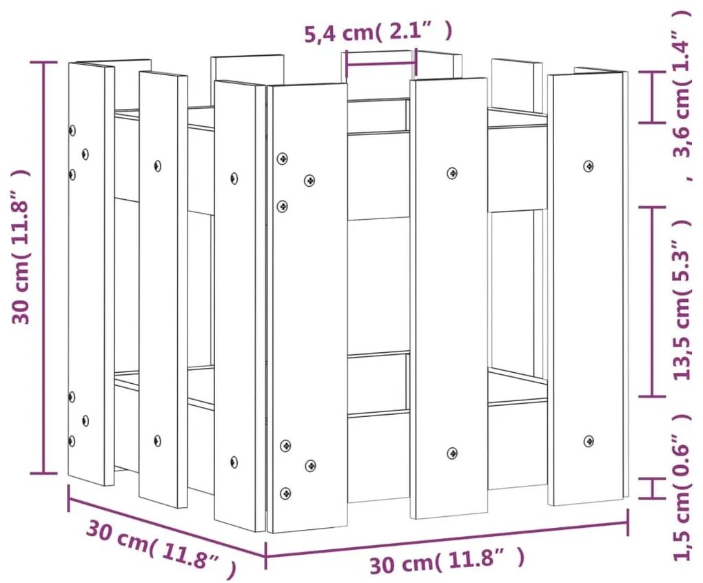 Ζαρντινιέρα με Σχέδιο Φράχτη Λευκή 30x30x30 εκ. Μασίφ Πεύκο - Λευκό