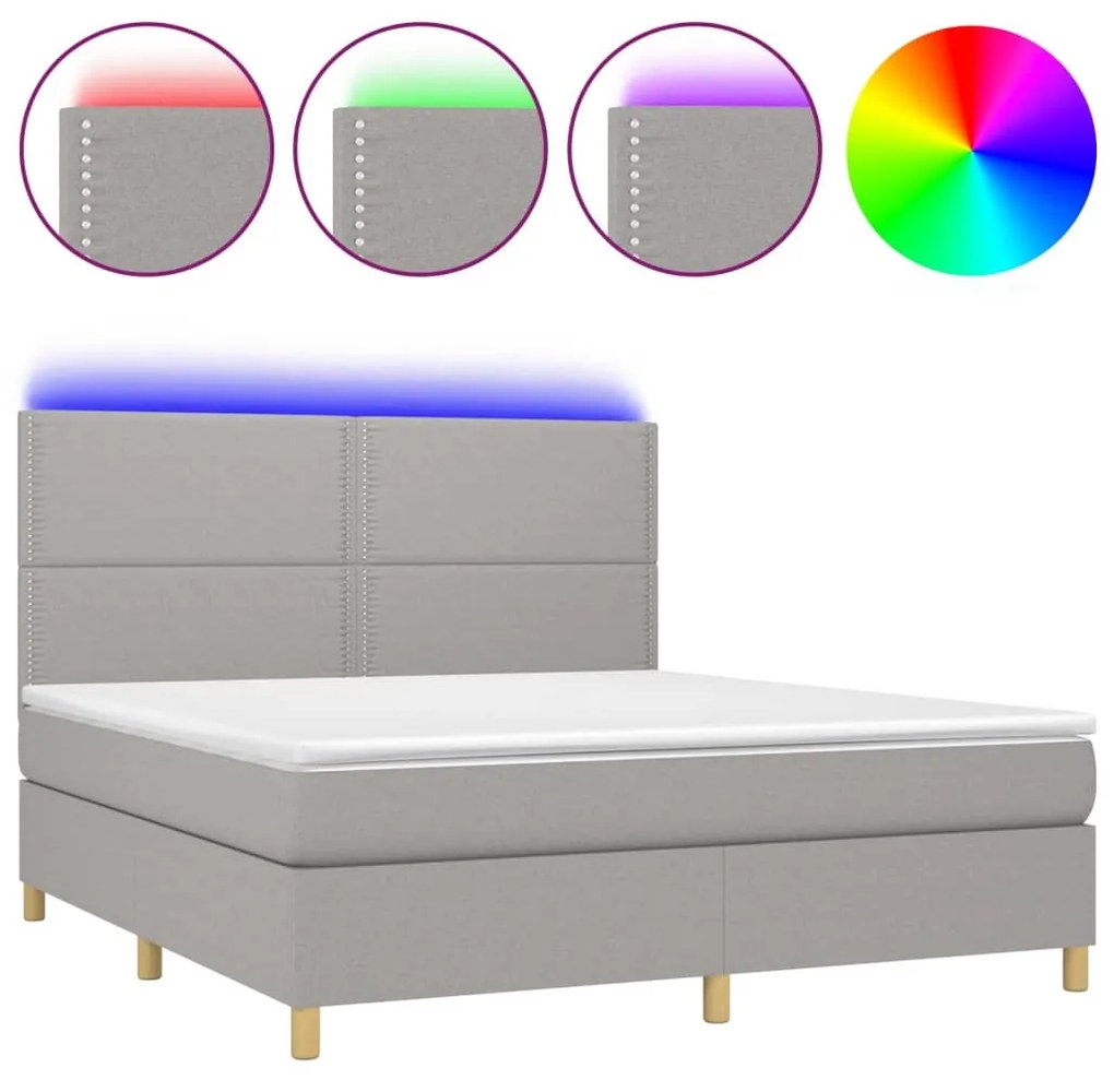 vidaXL Κρεβάτι Boxspring με Στρώμα & LED Αν.Γκρι 180x200εκ. Υφασμάτινο