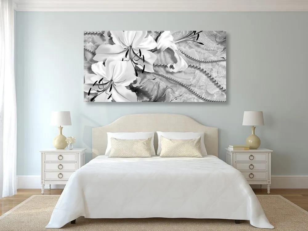 Εικόνα ασπρόμαυρο κρίνο με πέρλες - 100x50