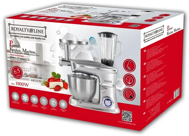 Κουζινομηχανή 3σε1 Royalty Line RL-PKM1900.7BG, 1900W, 6.5 λίτρα, Μπλέντερ, Μίξερ, Κιμαδομηχανή, Ασημί