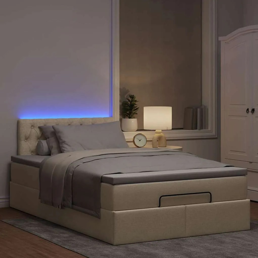 vidaXL Οθωμανικό κρεβάτι με στρώμα & LEDs Cream 120x200cm ύφασμα