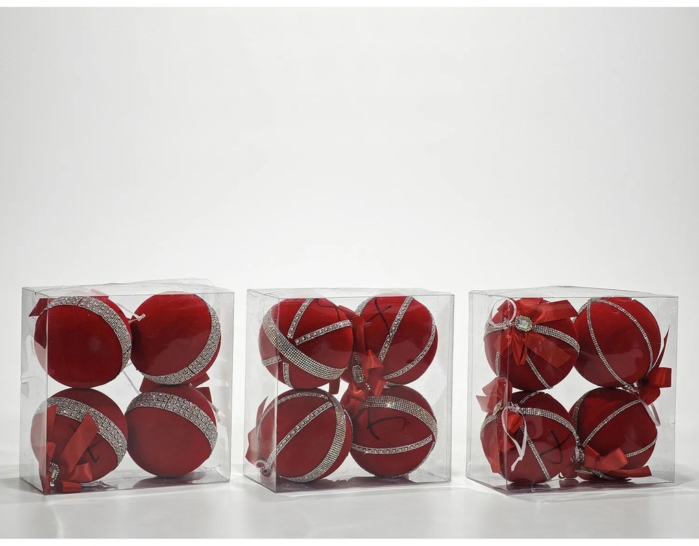 Χριστουγεννιάτικη Μπάλα Κόκκινο 100mm Σετ 4Τμχ Σε 3 Σχέδια
