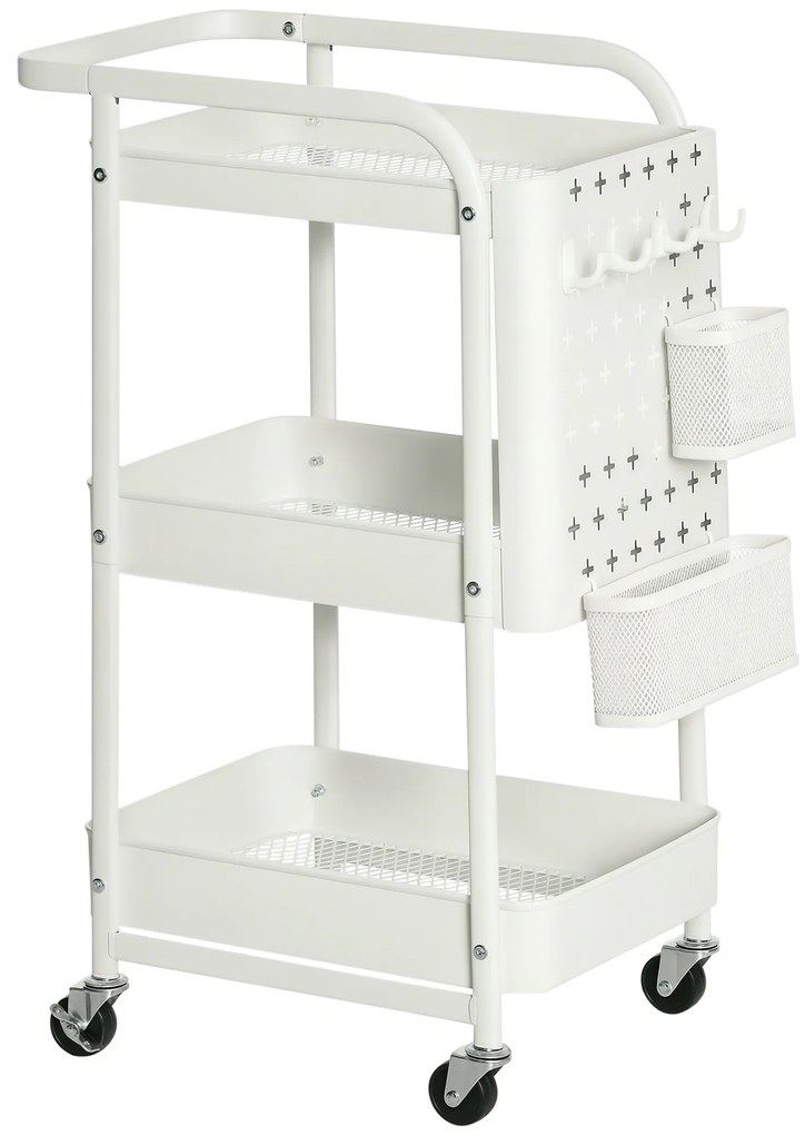 HOMCOM Κουζινικό τρόλεϊ με πίνακα διάτρησης, κρεμάστρες πετσετών και καλάθια αποθήκευσης, 51,5 cm x 32 cm x 75,6 cm, Λευκό