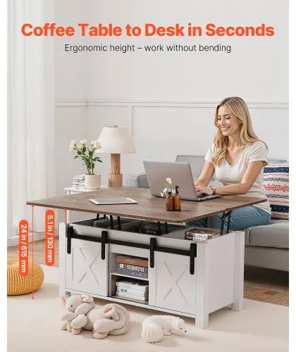 VEVOR 1000 mm Farmhouse Lift Top Coffee Table, Rustic Center Table with Barn Door and Hidden Storage Compartment, Modern Rectangle Lifting Tabletop for Living Room, Office, Home, Easy Assembly, Brown