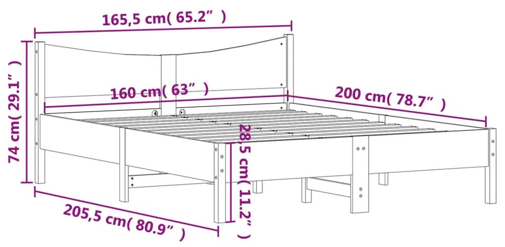 Σκελετός Κρεβατιού Χωρίς Στρώμα 160x200 εκ Μασίφ Ξύλο Πεύκου - Καφέ