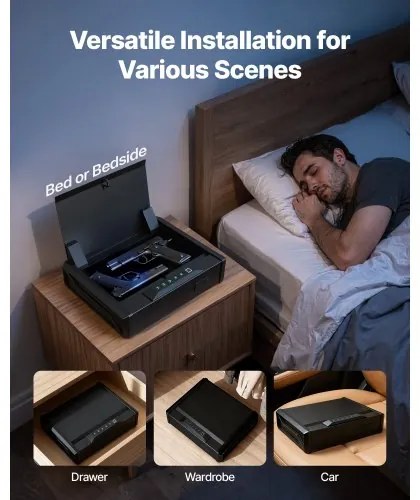 VEVOR Gun Safe, Heavy Duty Handgun Safe with Fingerprint/Password/Key, 3-Way Quick Access Firearm Case Box with Lighting for 2 Pistols & 2 Magazines, Pistol Gun Box for Nightstand Bedside Desk Car