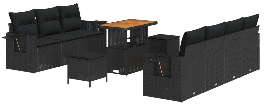 vidaXL Σετ Καναπέ Κήπου 10 Τεμαχίων με Μαξιλάρια Μαύρο Πολυ Ρατάν Ακακία