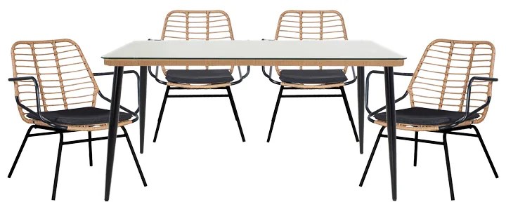 Τραπεζαρία Naoki A pakoworld σετ 5 τμχ rattan φυσικό-μαύρο μέταλλο-γυαλί 160x90x78εκ