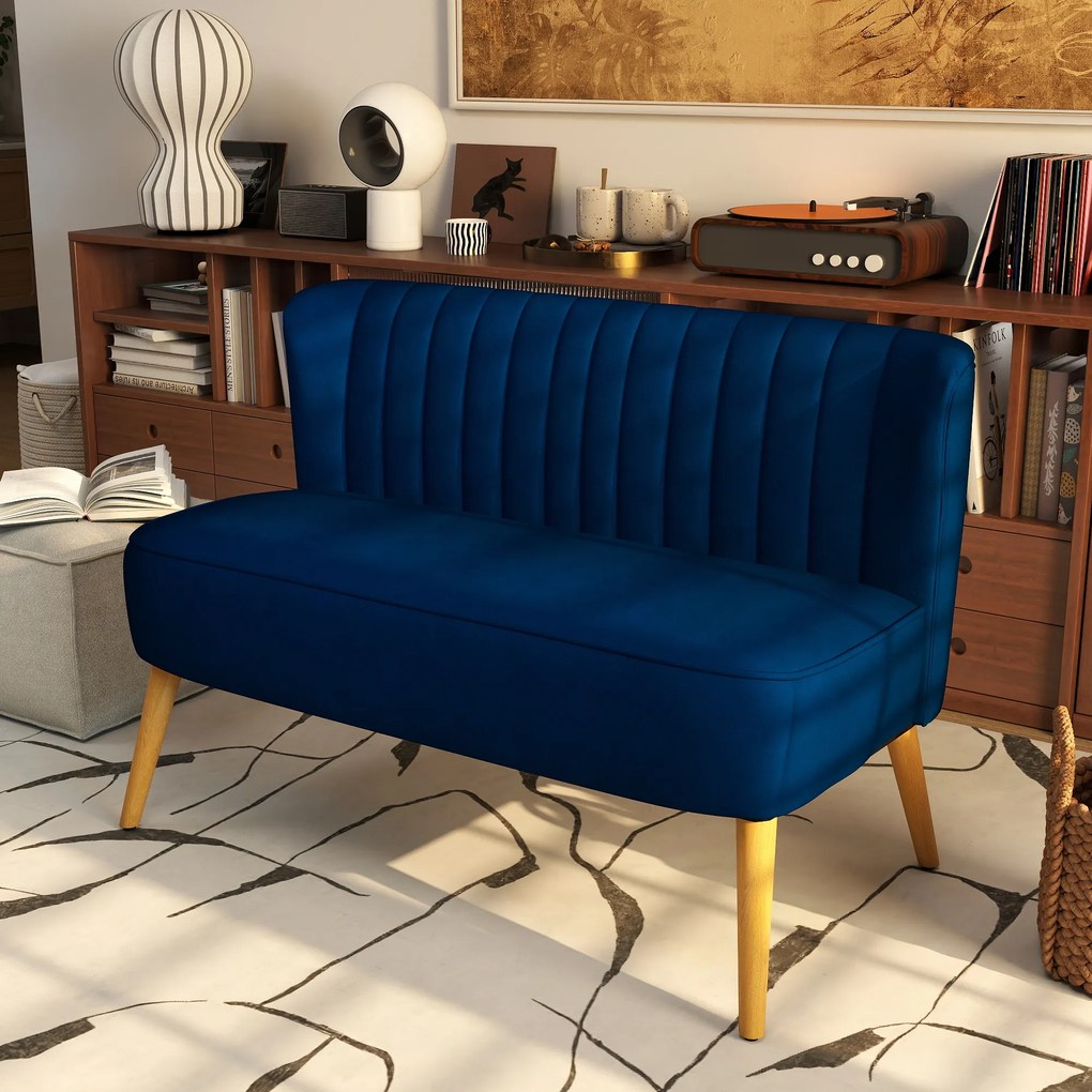 HOMCOM Καναπές Ρετρό Σχεδιασμός 2θέσιος Καναπές, Ξύλινα Πόδια, 117 cm x 56,5 cm x 77 cm, Μπλε