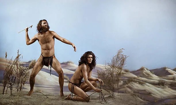 Εικονογράφηση Prehistoric man next to  woman kneeling, Rebecca Handler