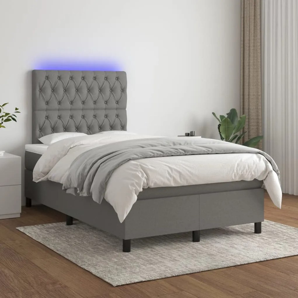 vidaXL Κρεβάτι Boxspring με Στρώμα & LED Σκ.Γκρι 120x190εκ. Υφασμάτινο