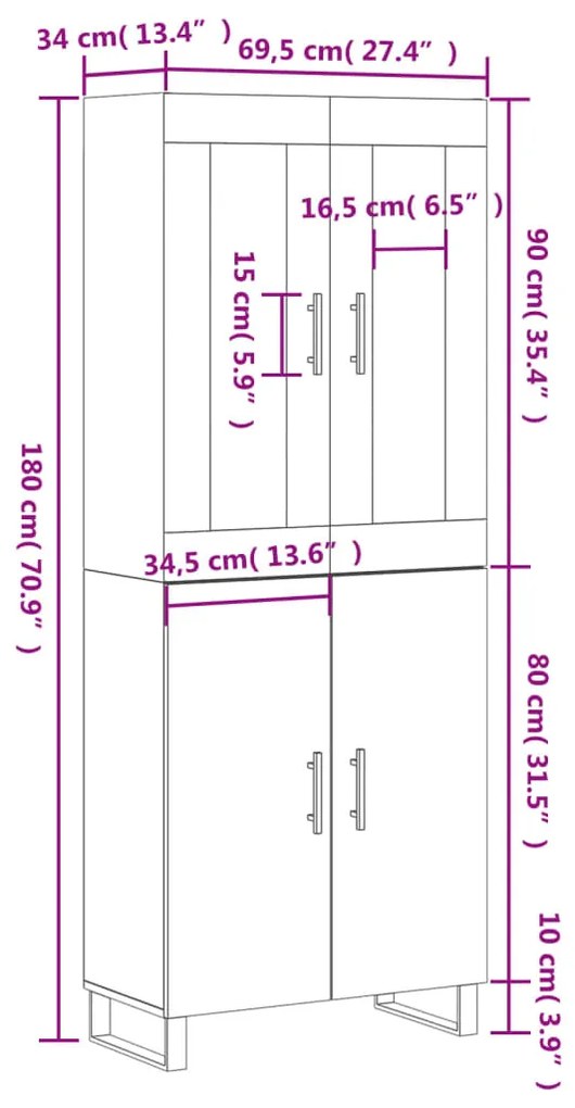 Ντουλάπι Μαύρο 69,5x34x180 εκ. από Επεξεργασμένο Ξύλο - Μαύρο