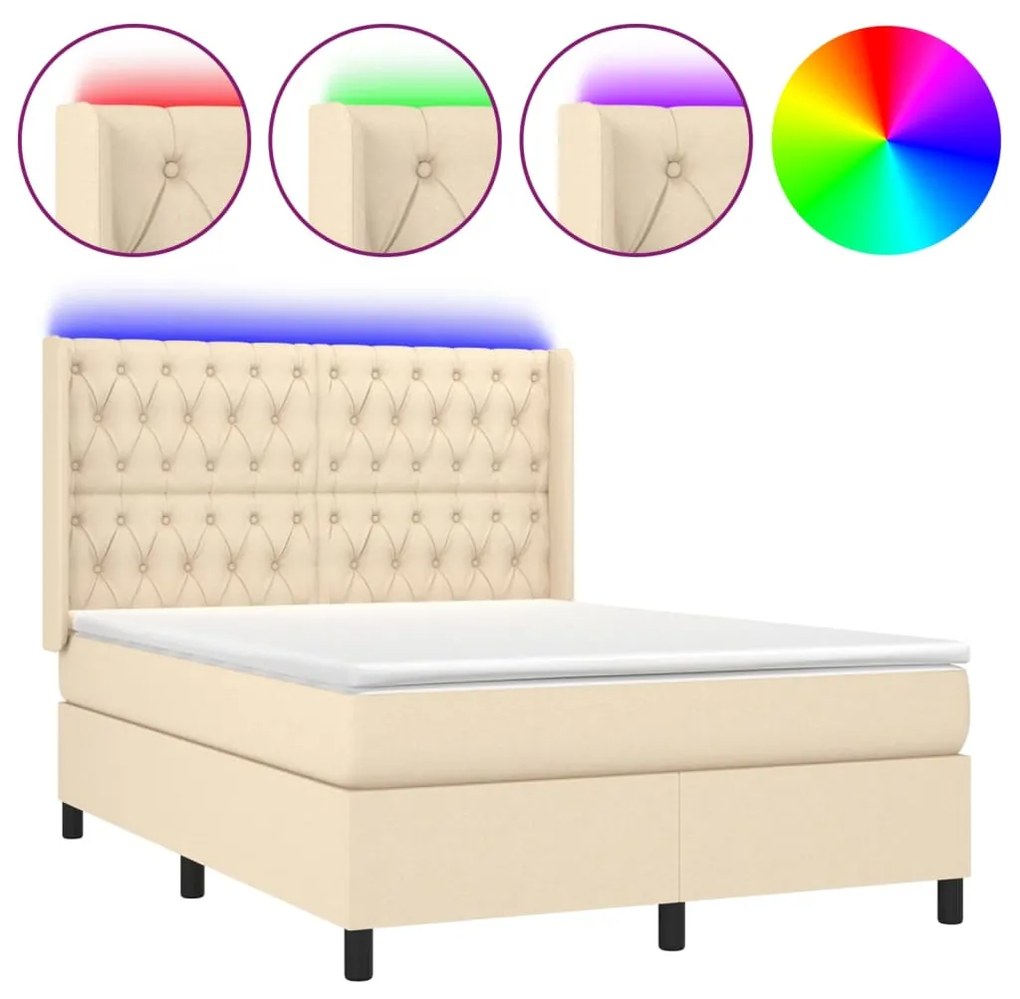 vidaXL Κρεβάτι Boxspring με Στρώμα & LED Κρεμ 140x200 εκ. Υφασμάτινο