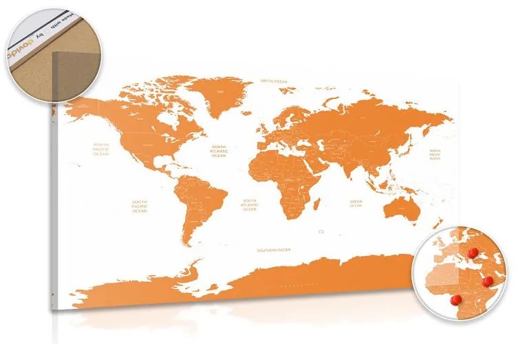 Εικόνα στον παγκόσμιο χάρτη φελλού με μεμονωμένες πολιτείες σε πορτοκαλί χρώμα - 90x60 color mix
