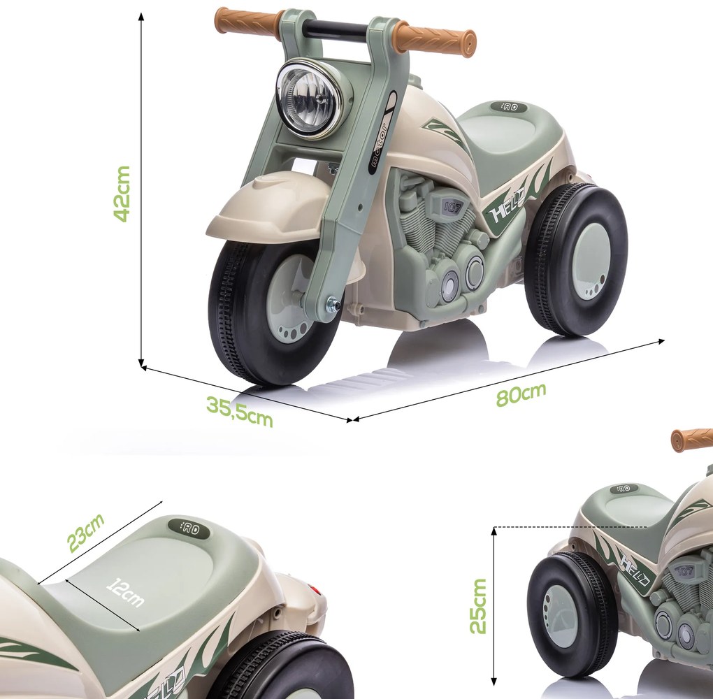 AIYAPLAY Αυτοκίνητο-πατίνι, σχέδιο μοτοσικλέτας, μουσική και σαπουνόφουσκες, για 2-5 ετών, Κρεμ Λευκό