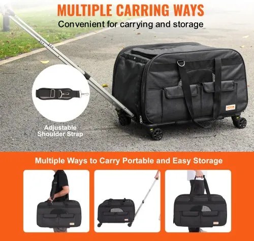VEVOR Cat Carrier with Wheels, Rolling Pet Carrier with Telescopic Handle and Shoulder Strap, Dog Carrier with Wheels for Pets under 35 lbs, with 1 Folding Bowl, Black