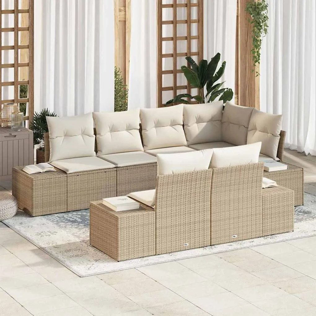 vidaXL Σετ Καναπέ Κήπου με μαξιλάρι 7 pcs Μπεζ και κρεμ Πολυ ράταν