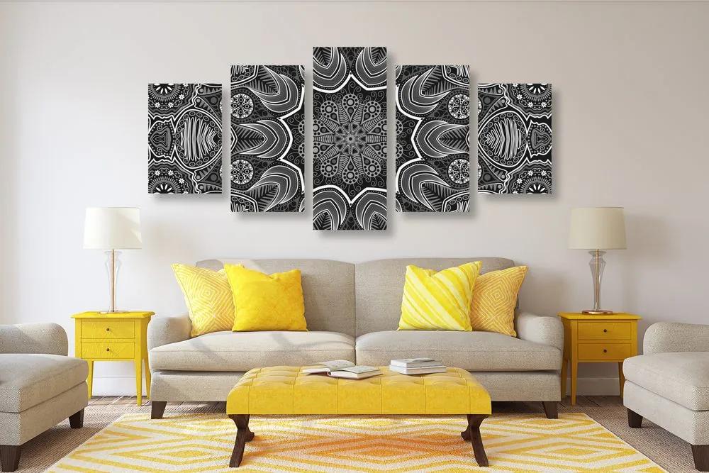 Εικόνα 5 τμημάτων Indian Mandala με λουλουδάτο μοτίβο σε μαύρο & άσπρο - 200x100