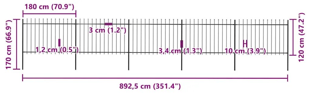 vidaXL Φράχτης Κήπου με Κορυφή Δόρυ από Ατσάλι 892,5 x 120 εκ. Μαύρος