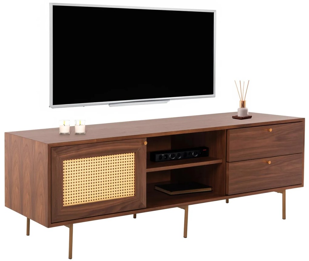 TV CABINET MEEN  MDF WITH WALNUT VENEER-GOLD LEGS 160x40x52Hcm.