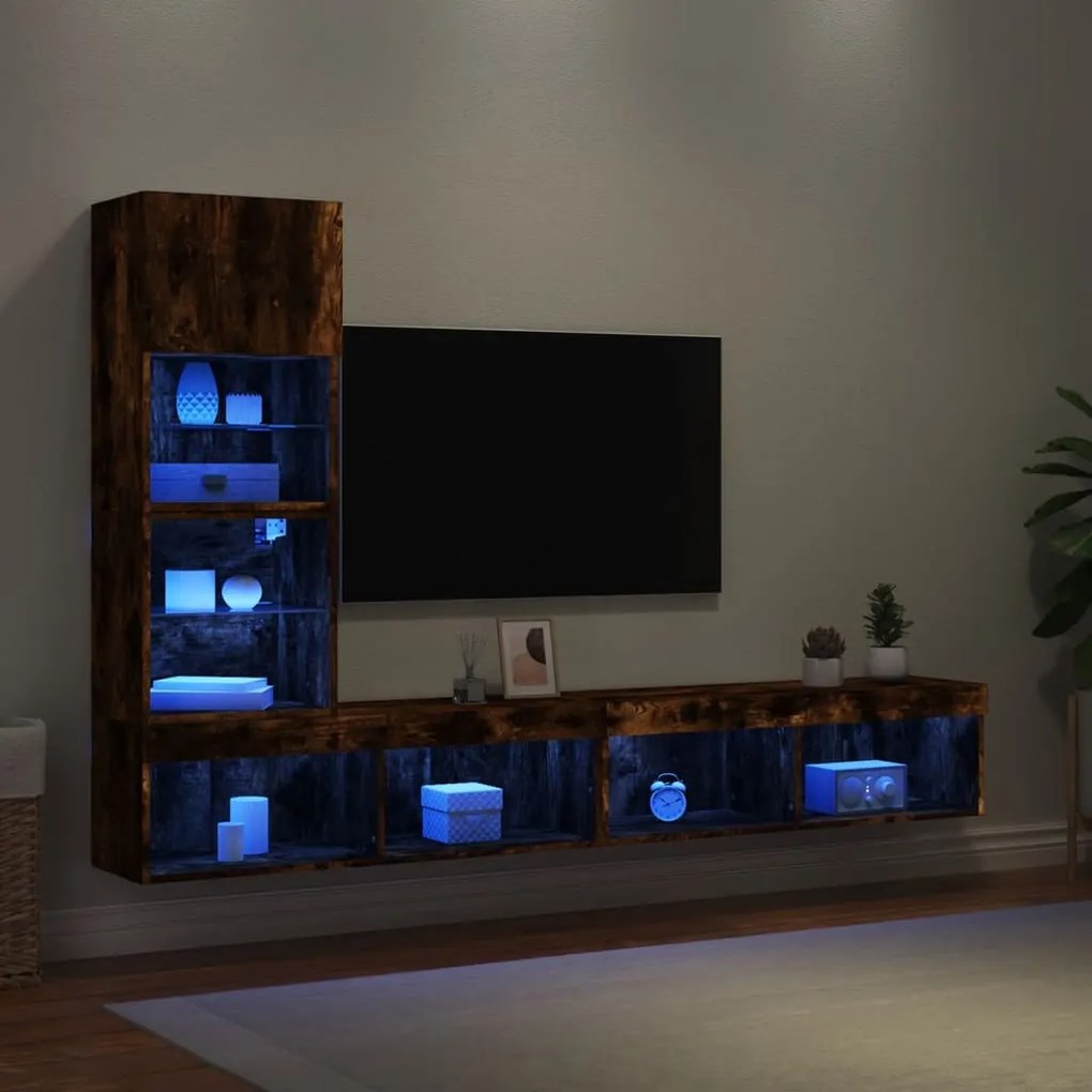 vidaXL Έπιπλα Τοίχου Τηλεόρασης 4 τεμ LED Καπνιστή Δρυς από Επεξ. Ξύλο