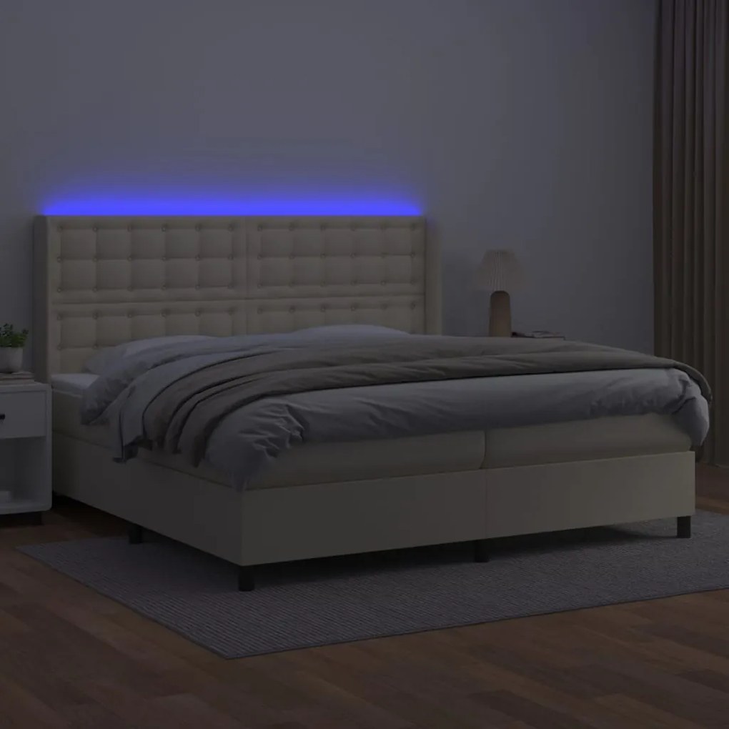 vidaXL Κρεβάτι Boxspring με Στρώμα & LED Κρεμ 200x200 εκ. Συνθ. Δέρμα
