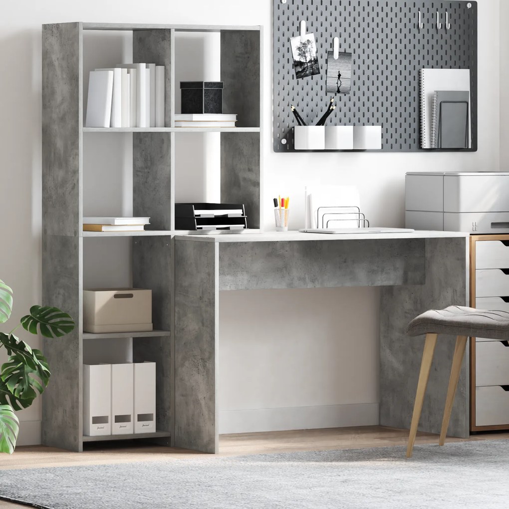 vidaXL Γραφείο με ράφι Γκρι σκυροδέματος 138.5 x 55 x 143 εκ