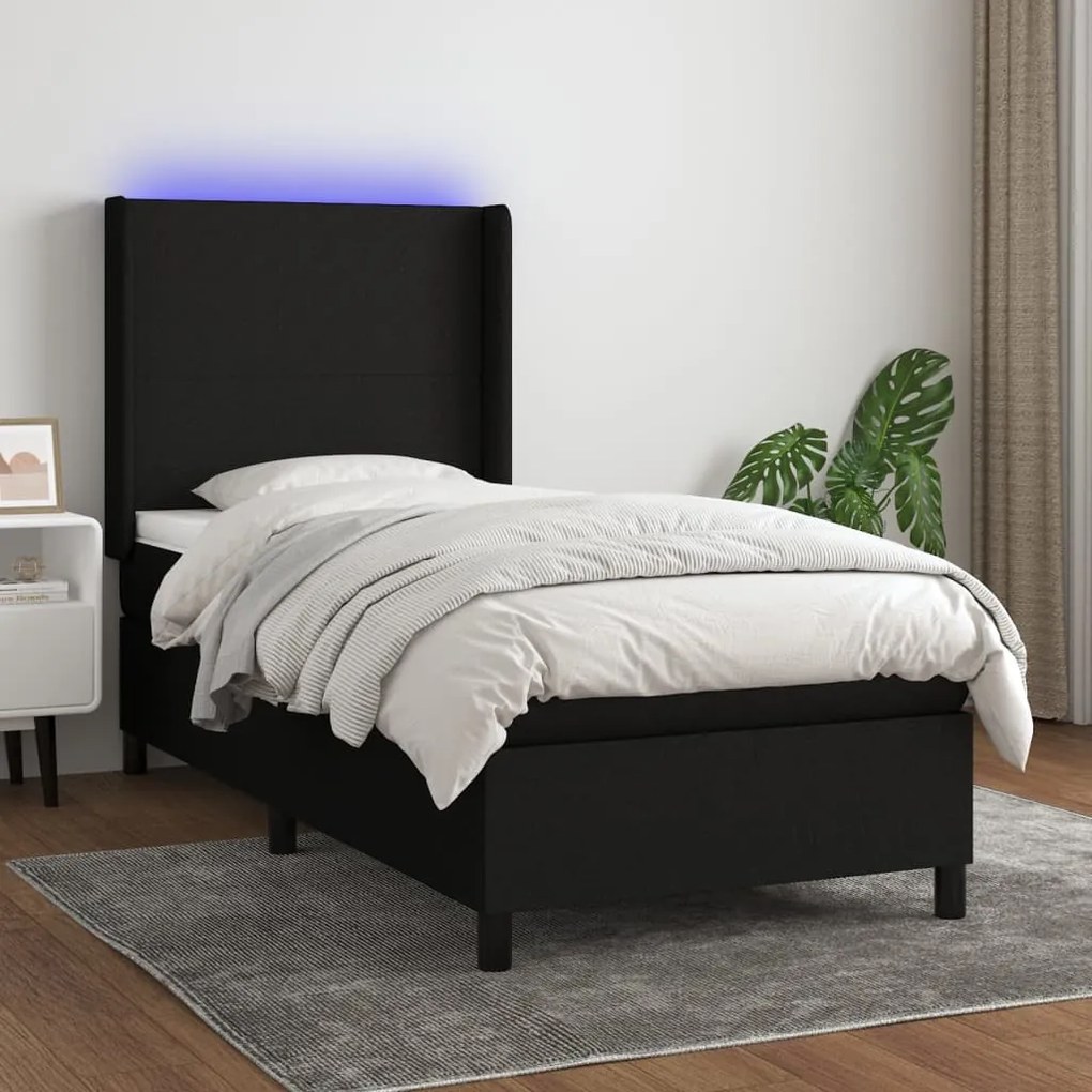 vidaXL Κρεβάτι Boxspring με Στρώμα &amp; LED Μαύρο 90x200 εκ. Υφασμάτινο