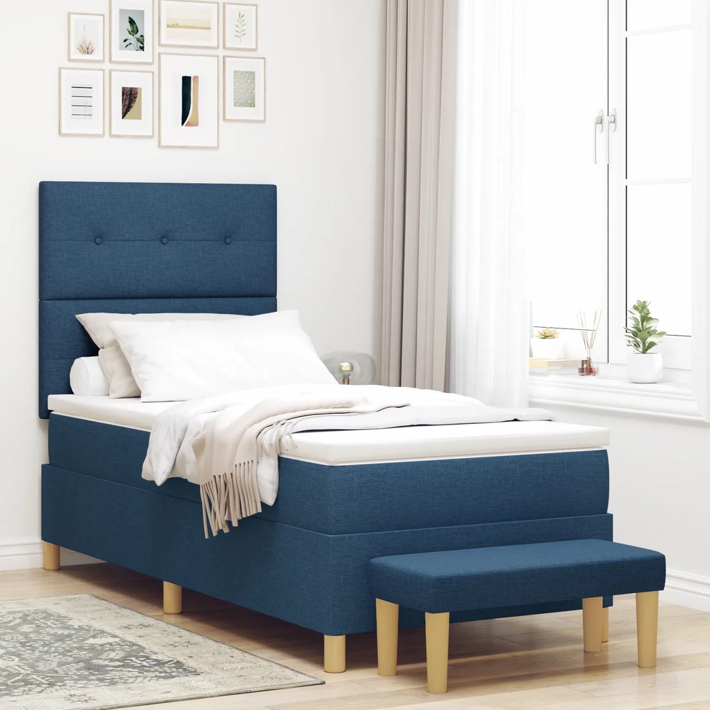 vidaXL Κρεβάτι Box Spring με Στρώμα & Πάγκο Μπλε 90x200 εκ. Υλικό