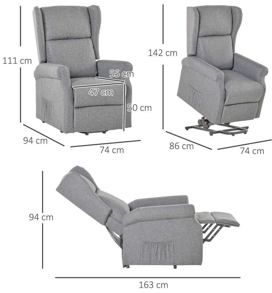 HOMCOM Πολυθρόνα Relax, Βοήθημα Ανύψωσης, Λειτουργία Ανάκλισης, έως 200kg, 72,5x94x109cm, Γκρι