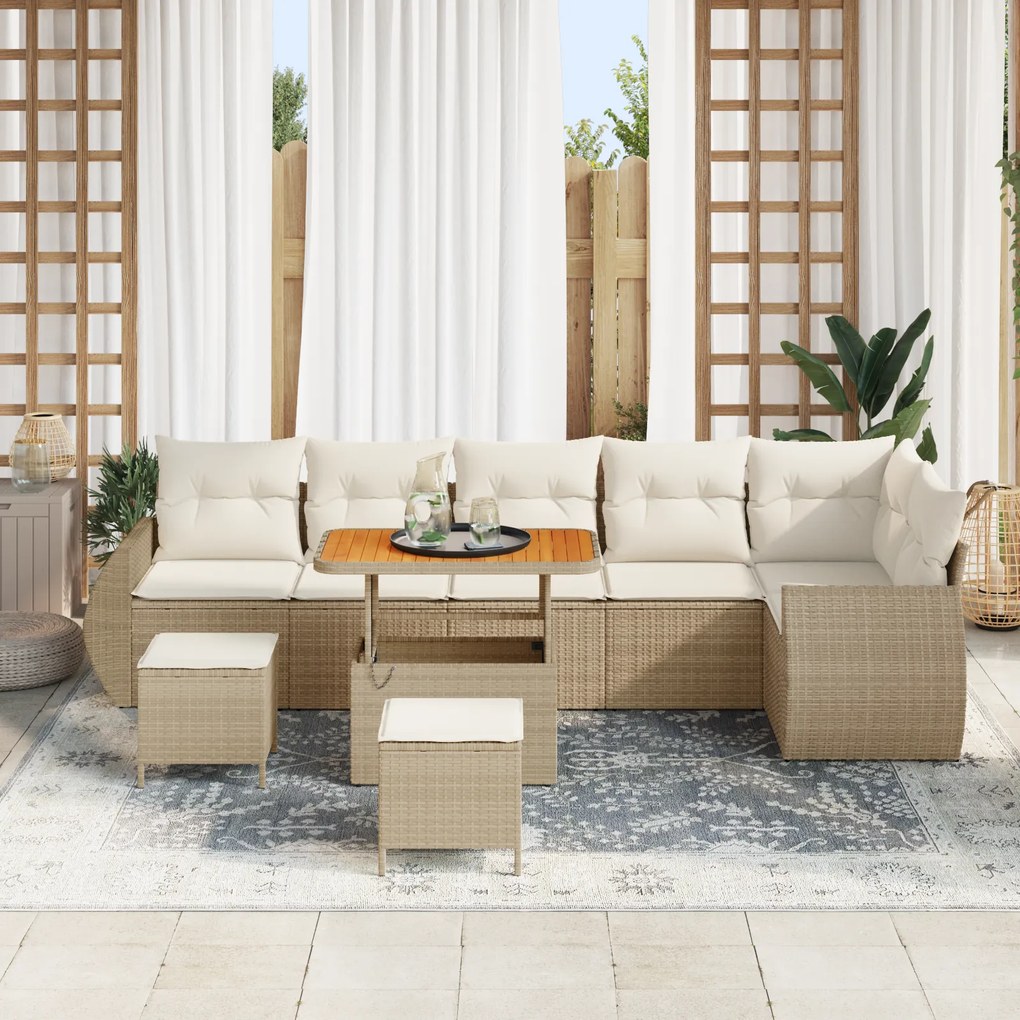 vidaXL Σετ Καναπέ Κήπου 9 Τεμαχίων με Μαξιλάρια Μπεζ Πολυ Ρατάν Ακακία