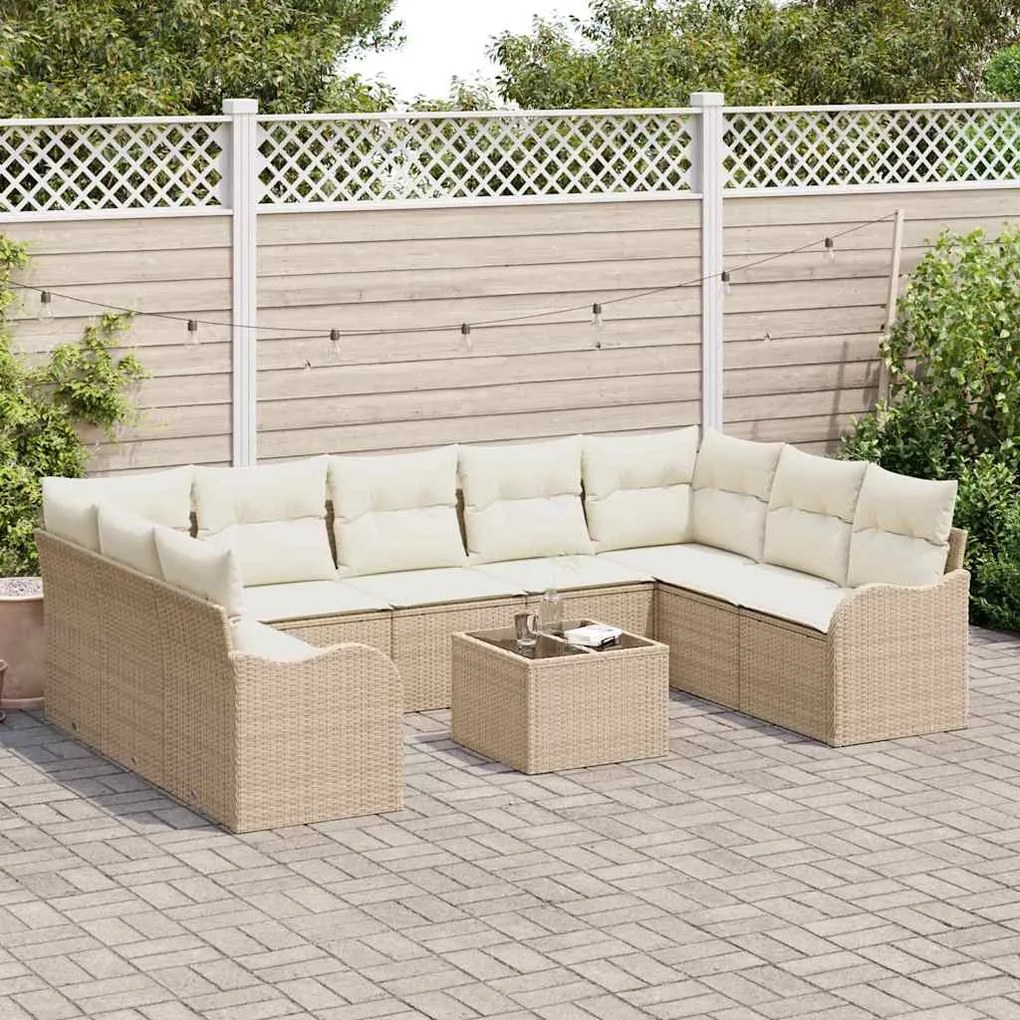 vidaXL Σετ Καναπέ Κήπου με μαξιλάρι 10 pcs Μπεζ Πολυ ράταν