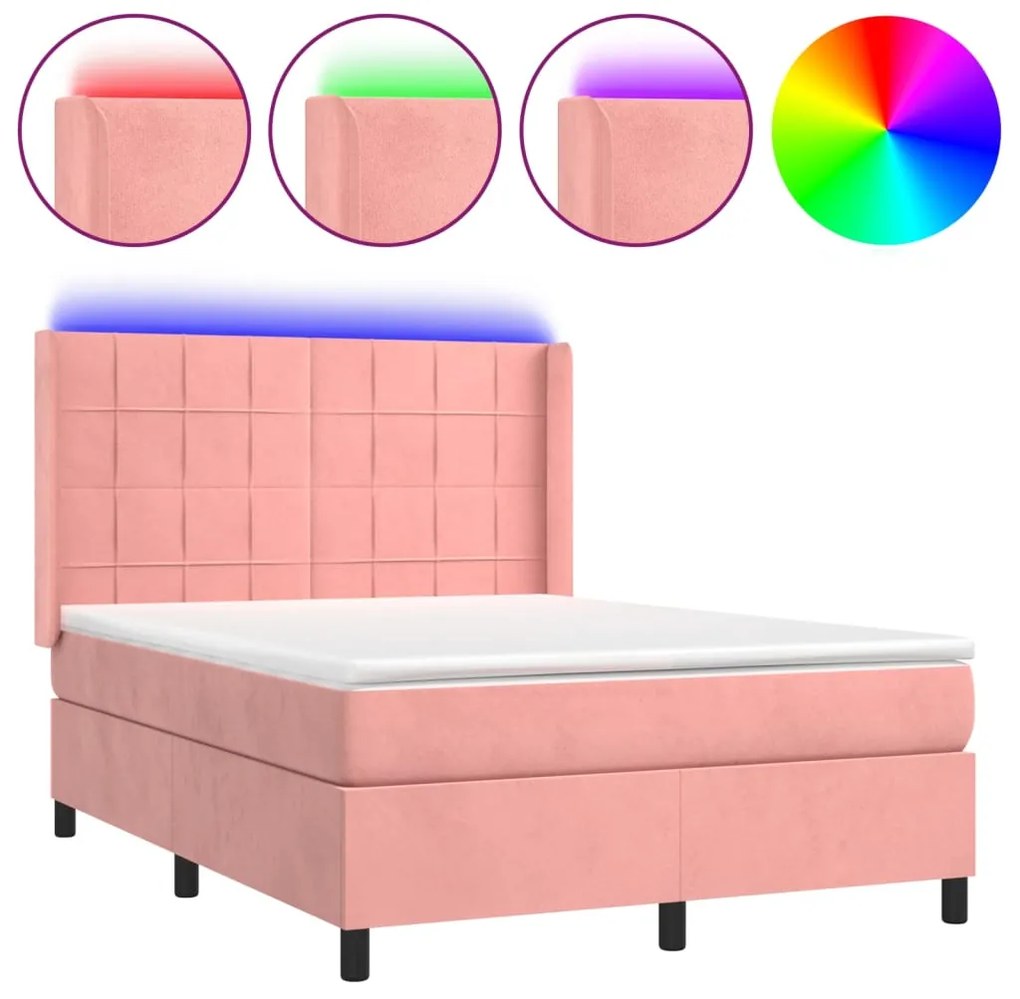 vidaXL Κρεβάτι Boxspring με Στρώμα &amp; LED Ροζ 140x190 εκ. Βελούδινο