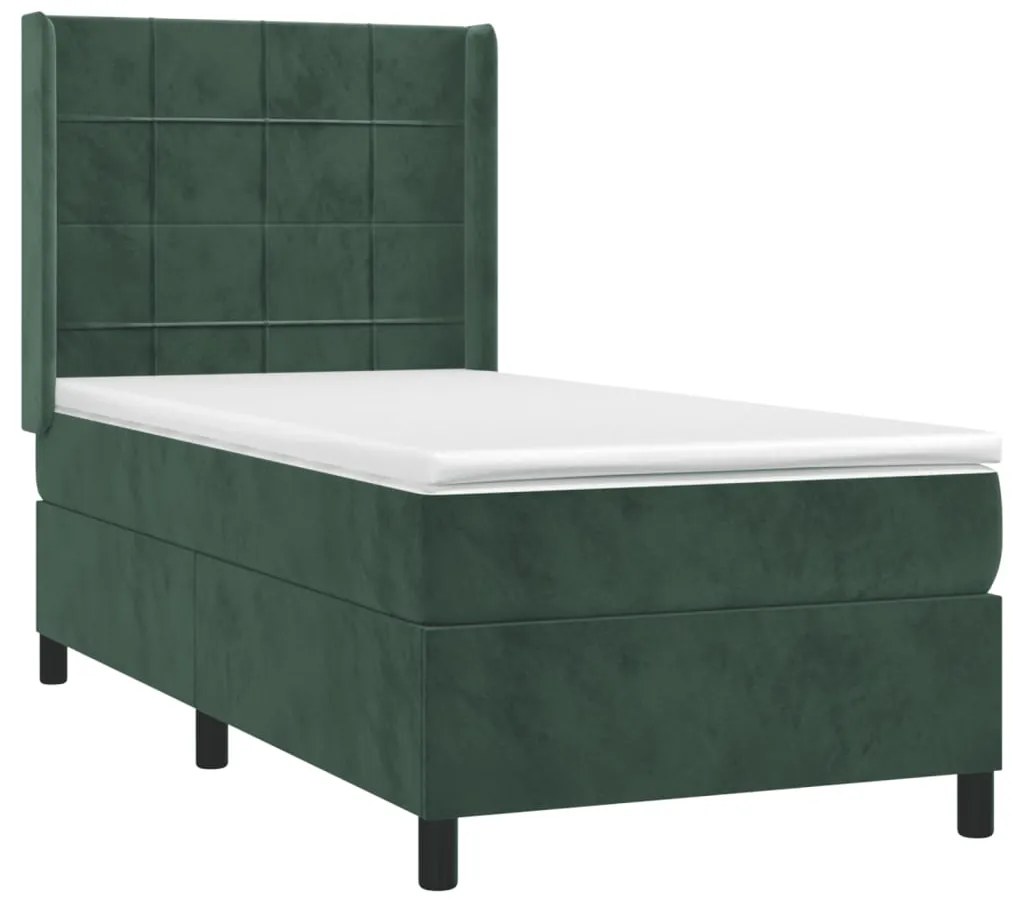 vidaXL Κρεβάτι Boxspring με Στρώμα Σκούρο Πράσινο 90x190 εκ. Βελούδινο